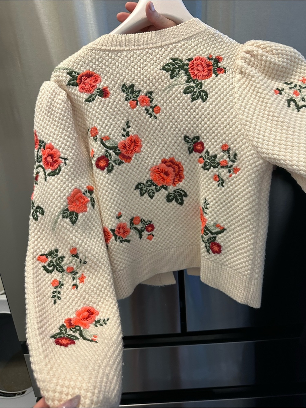 Alice + Olivia Cream Cardigan with Coral Floral Embroidery and Pink Bow - Picture 5 of 9